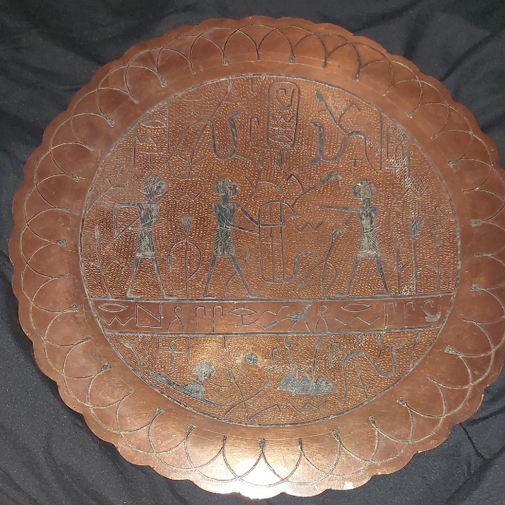 Vintage Copper And Silver Decorative Plate with Egyptian Motif